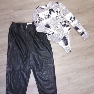 Mango Black Leather-Style Pants with Text Print Accent